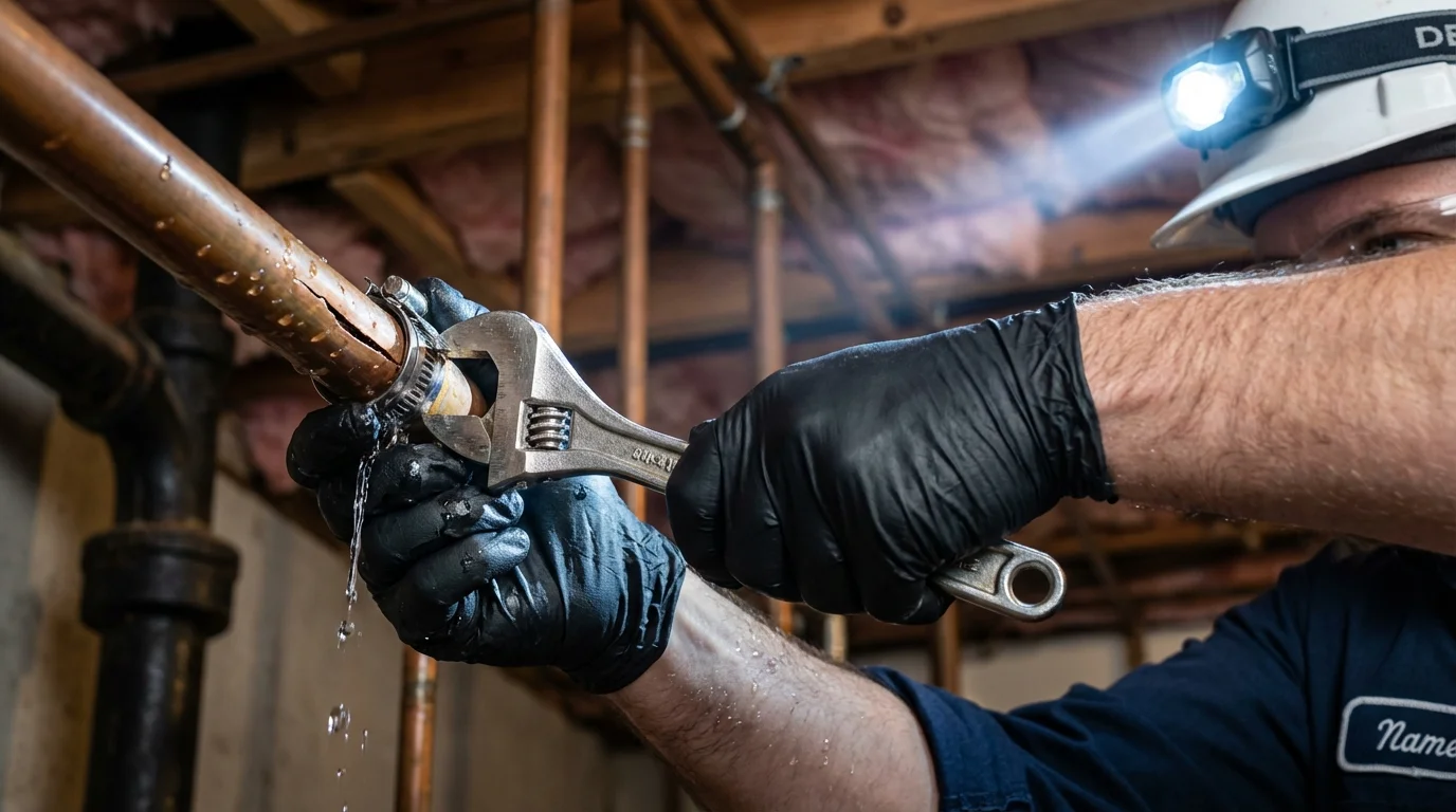 Emergency pipe clamp repair being performed by a Johns Plumbing LLC plumber in Oakland City