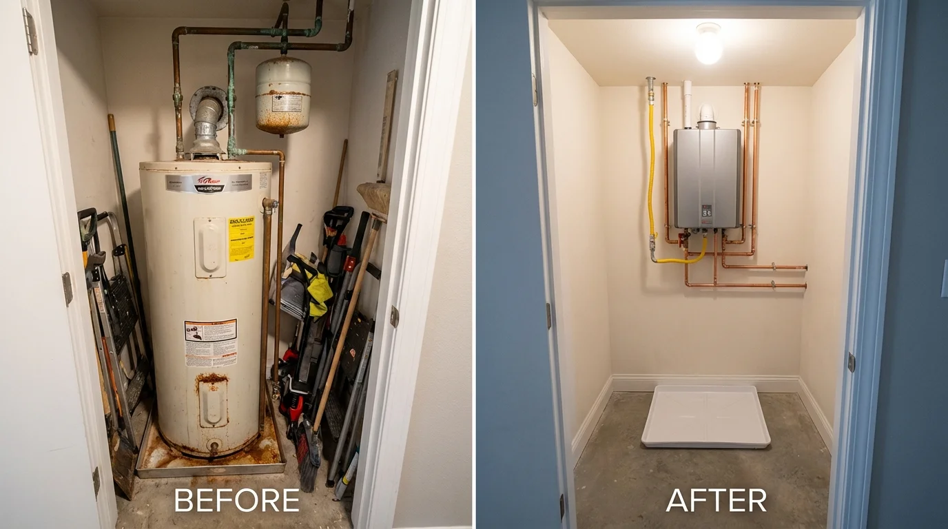 Tank water heater versus wall-mounted tankless unit comparison for Oakland City, IN homeowners