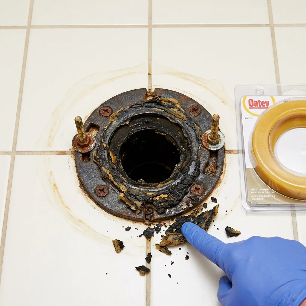 Failed wax ring showing water seepage at the base of a toilet in a Oakland City, IN home