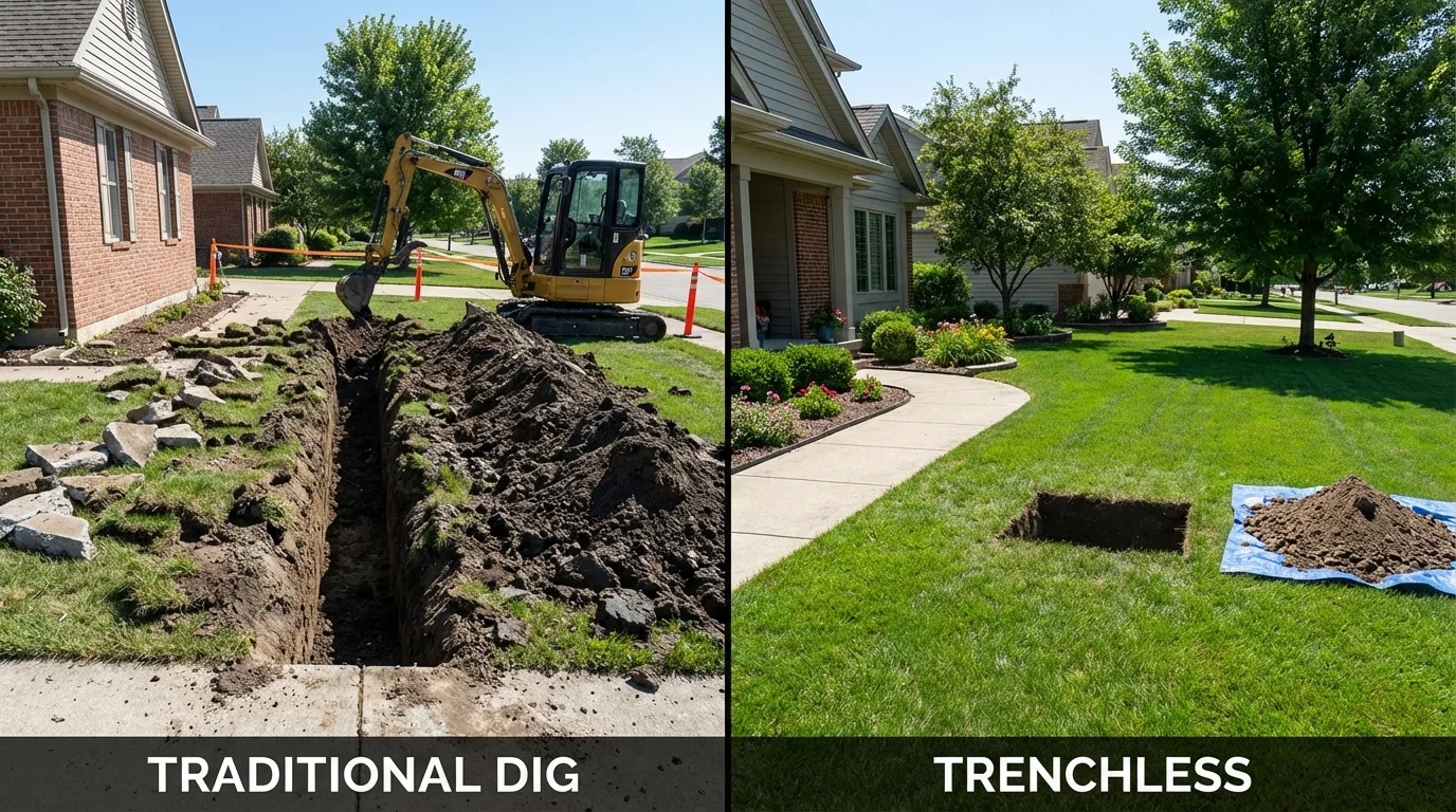Trenchless sewer repair with minimal yard damage versus traditional excavation in Oakland City, IN