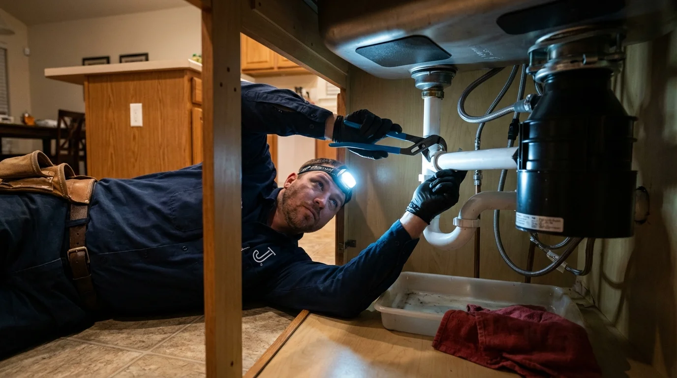 P-trap and supply line connections under a kitchen sink showing a common leak point in Oakland City, IN